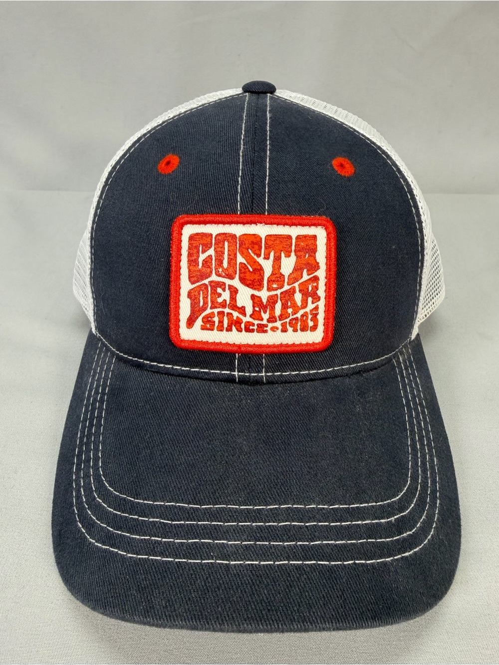 Costa Del Mar Blue & White Mesh Trucker Cap with Orange Patch